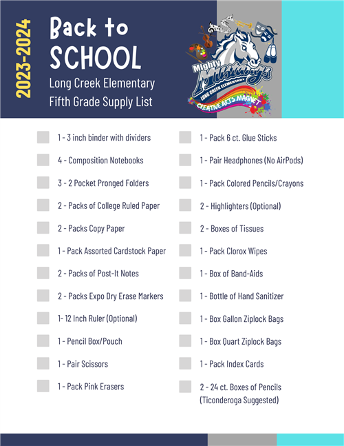 2023-2024 Fifth Grade School Supply List